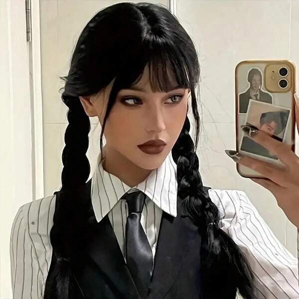 23.6 Inch Black Long Straight Braids Wig for Girls and Women Synthetic Heat Resistant Fiber Wednesday Addams Cosplay Wig for Halloween Party