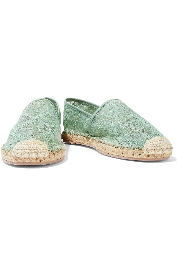 Leather-trimmed corded lace espadrilles