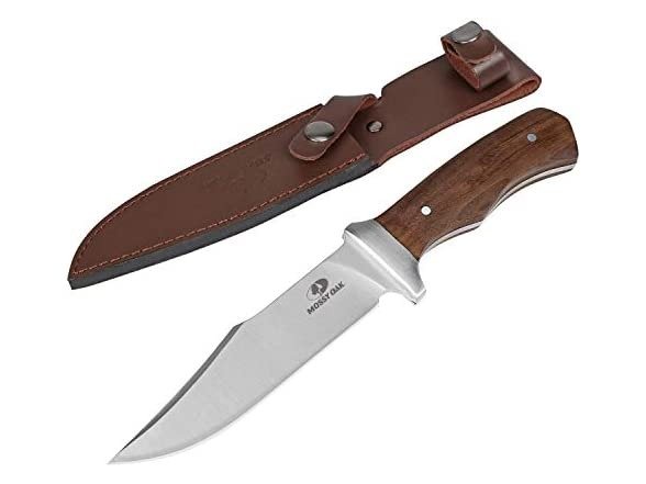 11-inch Full-tang Fixed Blade Knife with Leather Sheath, Clip Point Blade and Wood Handle, for Outdoor Survival, Camping