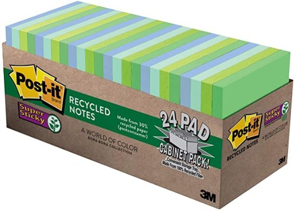 -it Super Sticky Recycled Notes, 3 in x 3 in, 24 Pads, 2x the Sticking Power, Bora Bora Collection, Cool Colors, 30% Recycled Paper (654-24SST-CP)
