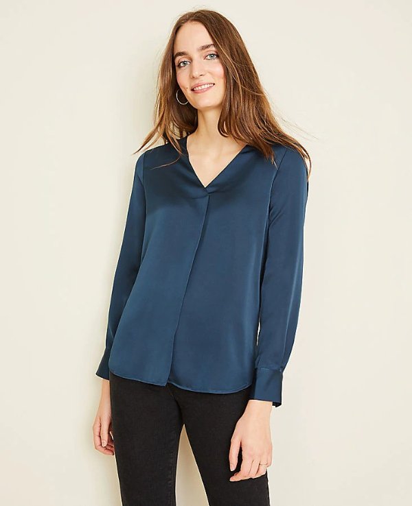 Shimmer Mixed Media Pleat Front Top | Ann Taylor