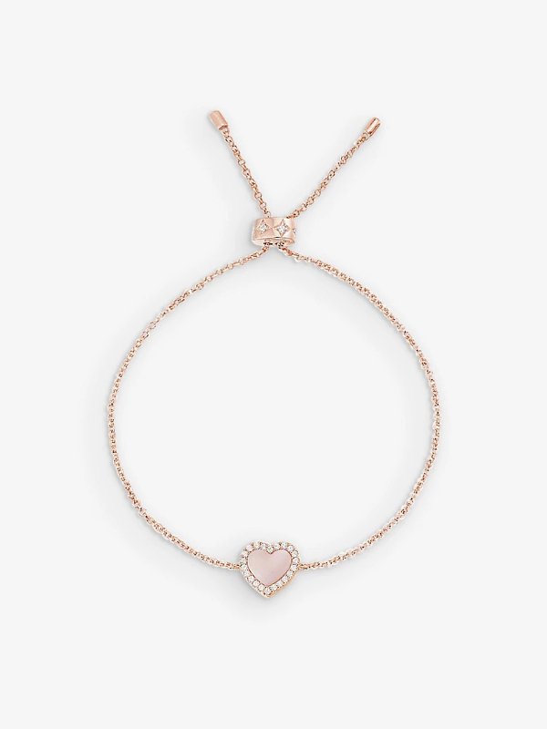 Heart-charm 18ct rose gold-plated brass, zirconia and pink nacre bracelet