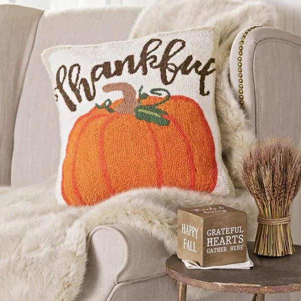 Thanks Giving Thankful Pumpkin Hooked Square Wool Throw Pillow