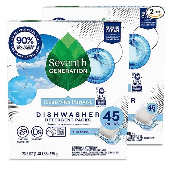 Dishwasher Detergent Packs for Sparkling Dishes Free & Clear Dishwasher Tabs 45 Count, Pack of 2 (Packaging May Vary)