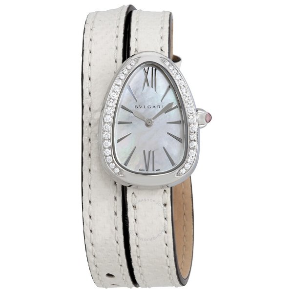 Serpenti White Mother of Pearl Dial Ladies Double Leather Watch 102781