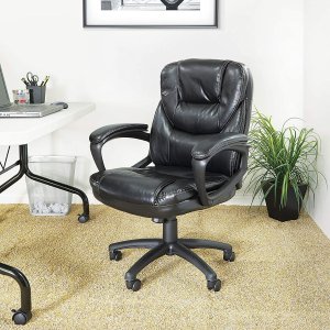 Office Star Faux Leather Manager's Chair with Padded Arms, Black