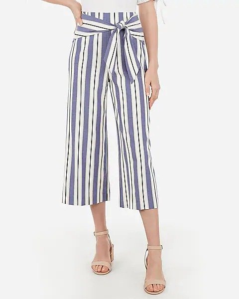 Striped Knot Front Paperbag Waist Cropped Culottes
