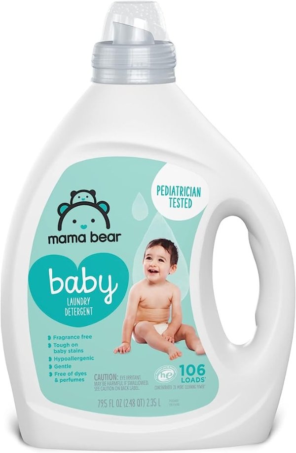 Amazon Brand - Mama Bear Concentrated Liquid Baby Laundry Detergent, Fragrance Free, 106 Loads, 79.5 FL OZ
