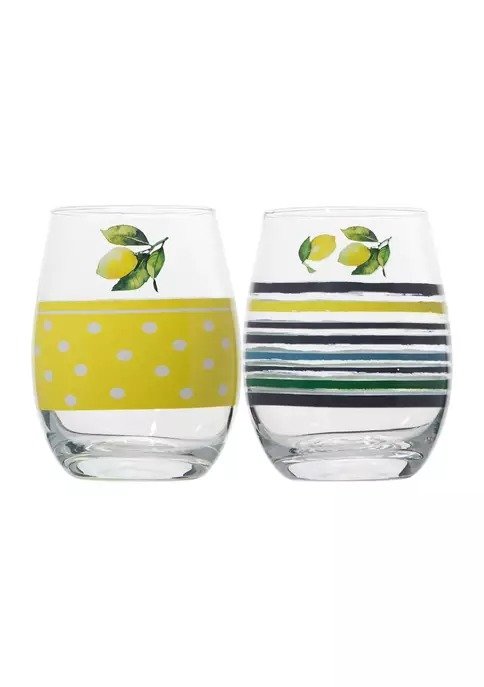 Set of 2 Stemless Wine Glasses - Yellow Dot and Blue Striped Lemon Print