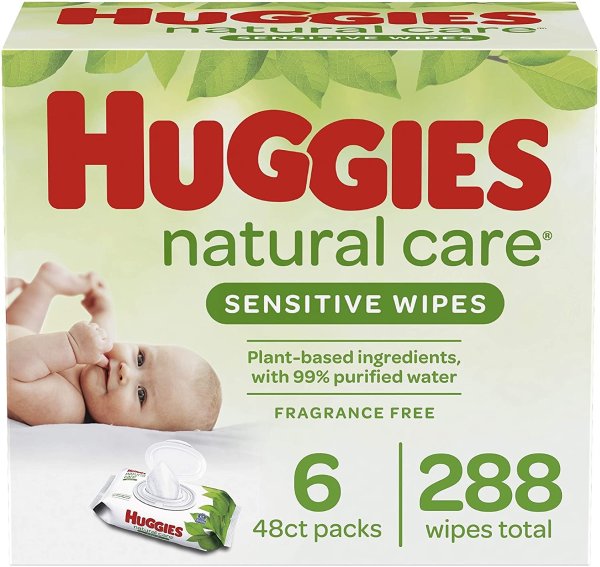 Natural Care Unscented Baby Wipes, Sensitive, 6 Disposable Flip-top Packs (288 Total Wipes)