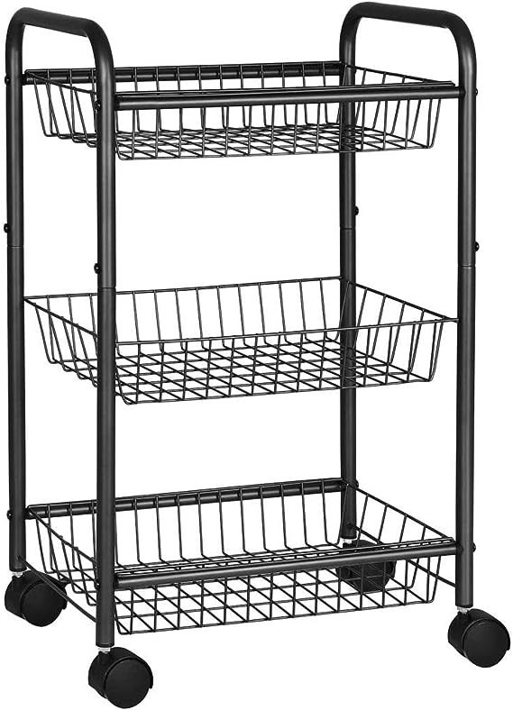 3-Tier Metal Rolling Cart, Storage Cart with Removable Baskets, Utility Cart with Wheels and Handle, for Kitchen, Bathroom, Laundry Room, Black, UBSC03BK