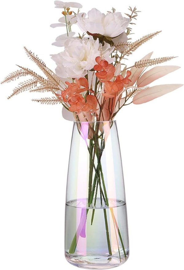 Flower Glass Vases 8.7 Inch Large Modern Glass Vase Conical Crystal Vases for Centerpieces Table Home Decor Office Wedding Living Room (Iridescent Clear)