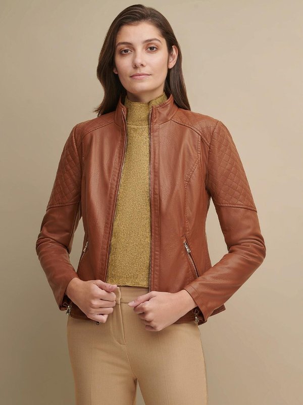 Faux Leather Quilted Shoulder Jacket