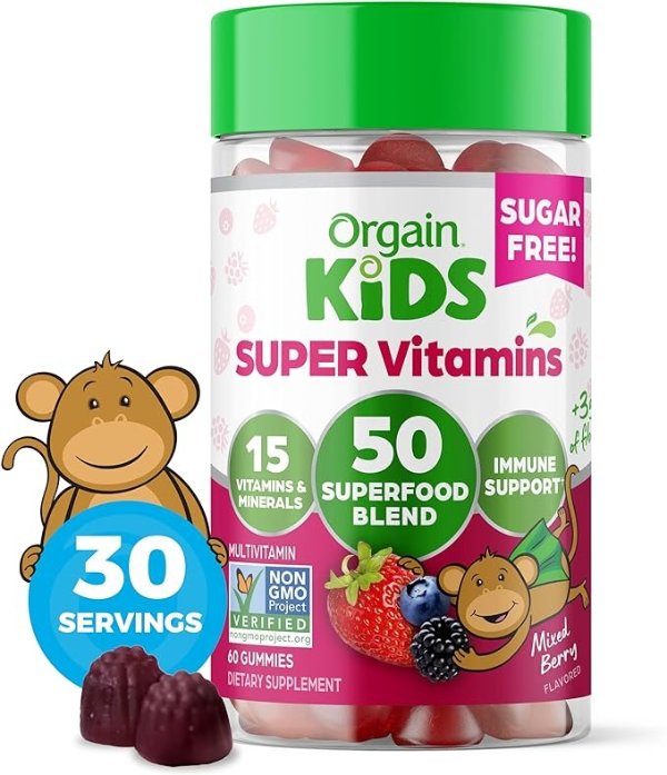 Kids Sugar Free Multivitamin Gummies, Vegan, 50 Superfoods, 15 Vitamins and Minerals, Immune Support and 3g of Fiber, Mixed Berry, Ages 4+, 1 Month Supply (60 Gummies)