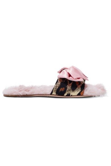 Shearling-lined bow-embellished metallic fil coupe slides