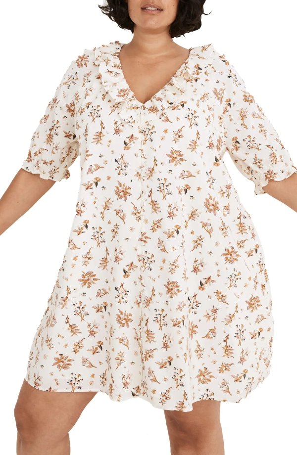 Floral Ruffled V-Neck Elbow Sleeve Shift Dress