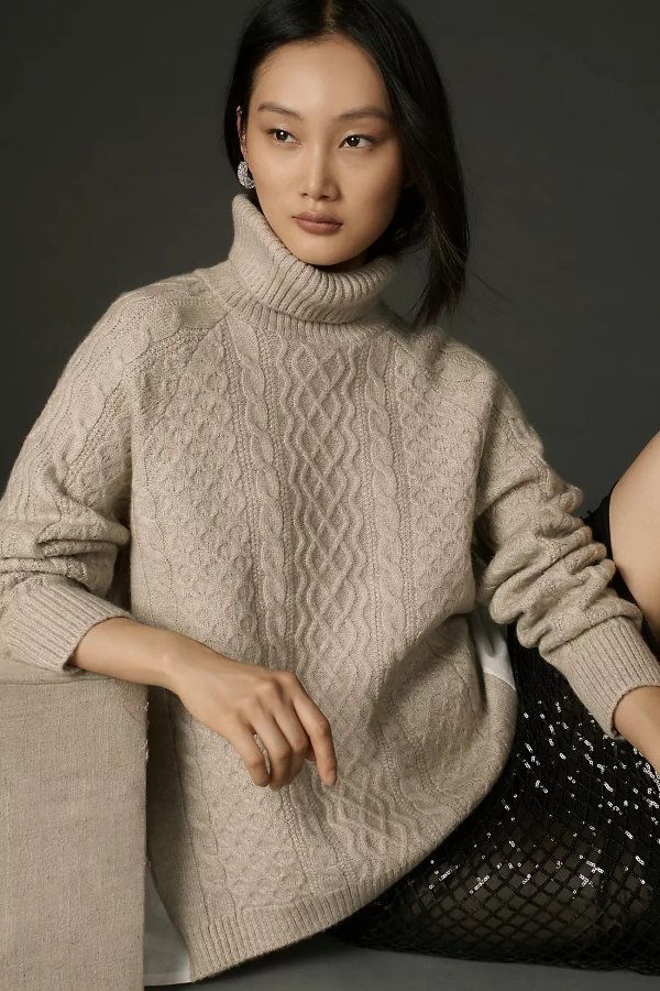 By Anthropologie Mixed Media Turtleneck Cable Sweater