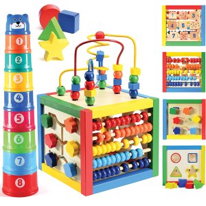 Wooden Activity Cube for Baby - 6 in-1 Baby Activity Play Cube with Bead Maze, Shape Sorter, Abacus Counting Beads, Counting Numbers, Sliding Shapes, Removable Bead Maze, 8Pcs Stacking Cups