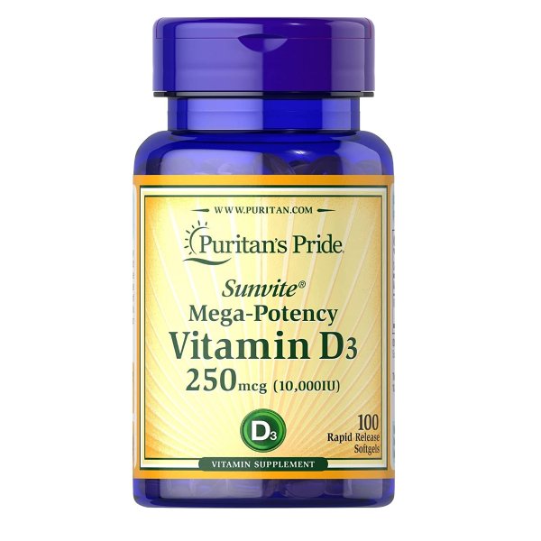 Puritans Pride Vitamin D3 10,000 IU Bolsters Immune Health, Immune System Support and Healthy Bones and Teeth Softgels, Yellow 100 Count