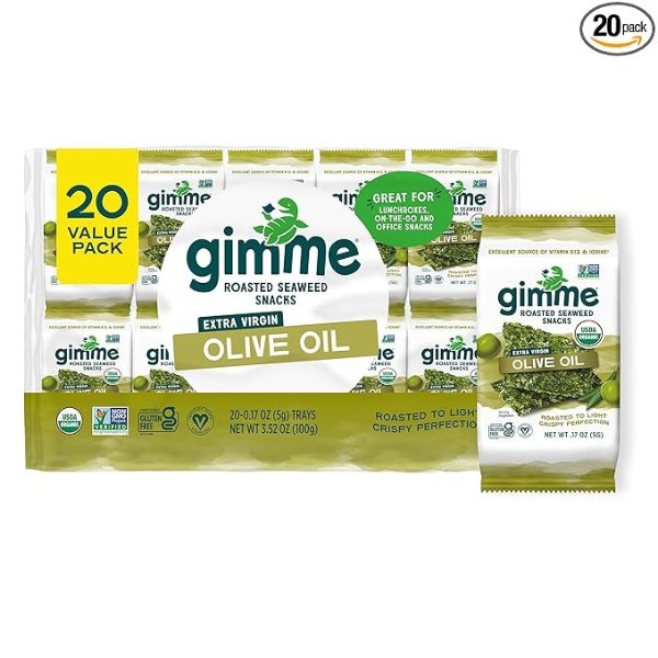 gimMe Organic Roasted Seaweed Sheets - Extra Virgin Olive Oil - 20 Count - Keto, Vegan, Gluten Free - Great Source of Iodine and Omega 3’s - Healthy On-The-Go Snack for Kids & Adults