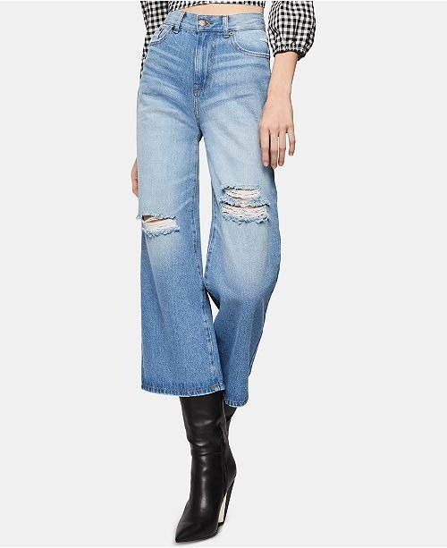 Distressed Cropped Wide-Leg Jeans