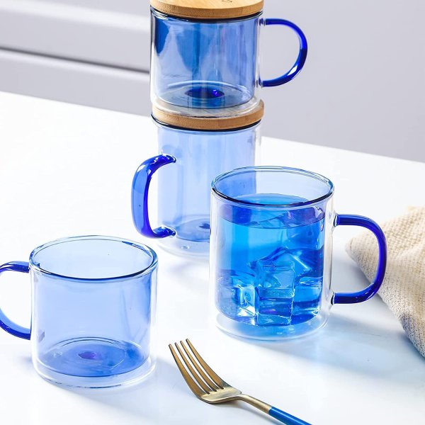 Clear&Colorful Double Walled Glass Coffee Mug with Lid (9oz), Candiicap Insulated Coffee Mug with Handle for Hot&Cold Drink, Clear Glass Cup for Latte, Cappuccino, Tea, Beer (9oz/Set of 2, Blue)