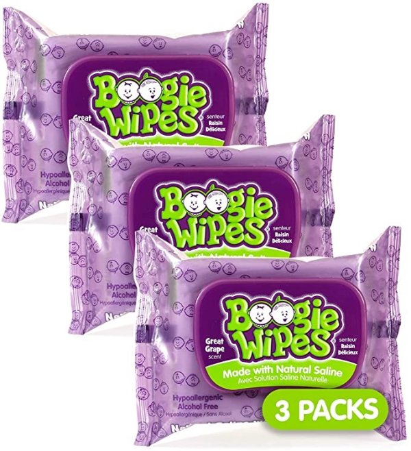 Baby Wipes by Boogie Wipes, Wet Wipes for Face, Hand, Body & Nose, Made with Vitamin E, Aloe, Chamomile and Natural Saline, Grape Scent, 30 Count, Pack of 3
