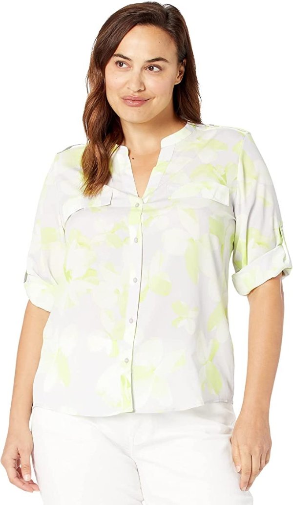 Calvin Klein Women's Petite Everyday Comfort Poly CDC Roll Sleeve Print Shirt (Regular and Plus Sizes)