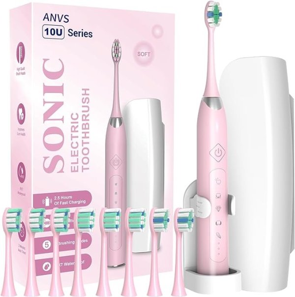 Sonic Electric Toothbrushes for Adults - Rechargeable Electric Toothbrush with Travel Case, 8 Brush Heads, 5 Modes and a Holder, Power Whitening Toothbrush Fast Charge for 90 Days Use(Pink)