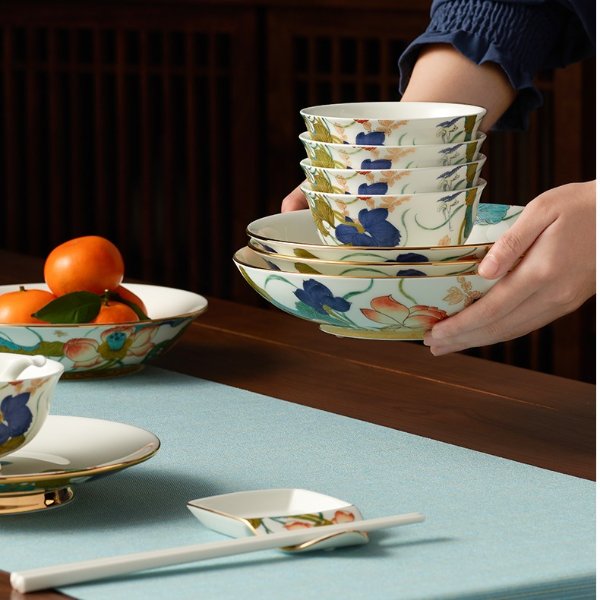 AURATIC 国瓷永丰源幸福和鸣31头中餐具碗盘碟勺家用中式礼品套装