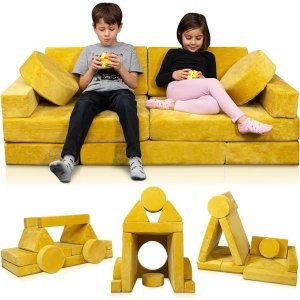 LX15 14pcs Modular Kids Play Couch, Child Sectional Sofa, Fortplay Bedroom and Playroom Furniture for Toddlers, Convertible Foam and Floor Cushion for Boys and Girls, Yellow