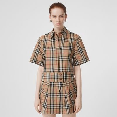 Short-sleeve Vintage Check Shirt Dress