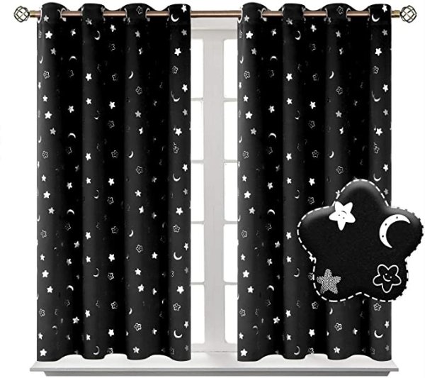 Moon and Stars Blackout Curtains for Kids Bedroom,, 2 Panels of 52 x 54 Inch, Black