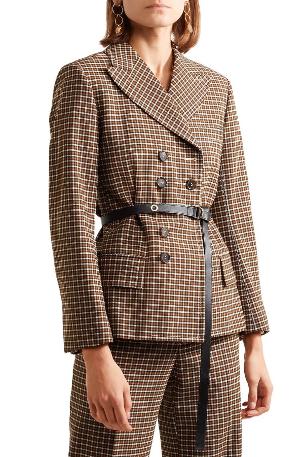 Belted double-breasted checked woven blazer