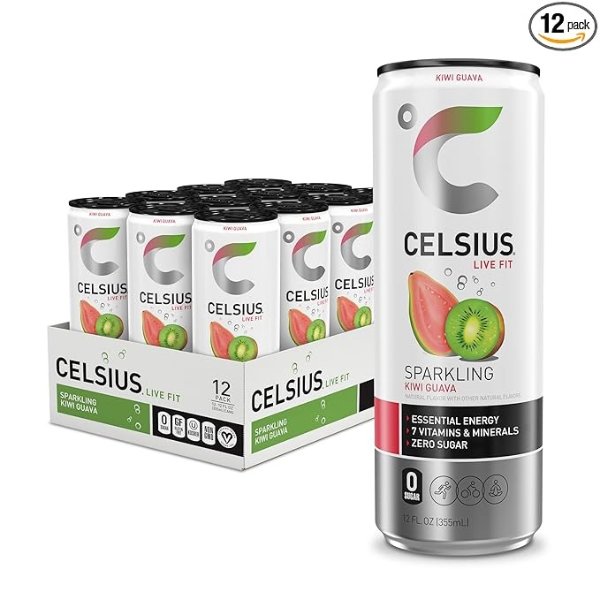 CELSIUS Sparkling Kiwi Guava Fitness Drink, Zero Sugar, 12oz. Slim Can (Pack of 12)