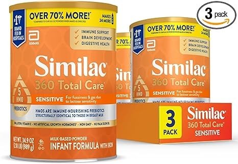 360 Total Care Sensitive* Infant Formula With 5 HMO Prebiotics, for Fussiness & Gas Due to Lactose Sensitivity, Non-GMO,‡ Baby Formula Powder, 34.9-oz Value Can, Pack of 3