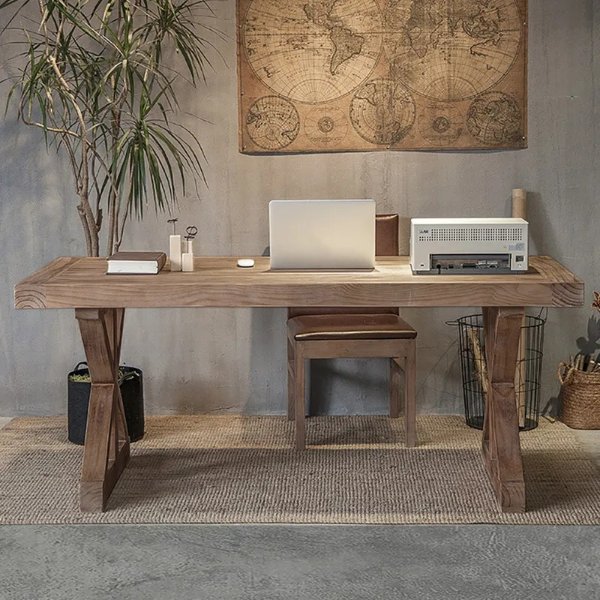 70.9" Rustic Farmhouse Computer Desk in Natural with Trestle Base Wooden Office Desk-Homary