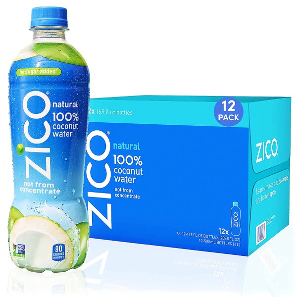 100% Coconut Water Drink - 12 Pack, Natural Flavored - No Sugar Added, Gluten-Free - 500ml / 16.9 Fl Oz