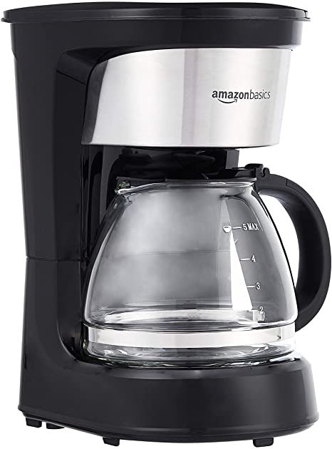 Amazon Basics 5-Cup Coffeemaker with Carafe and Reusable Filter, Black and Stainless Steel