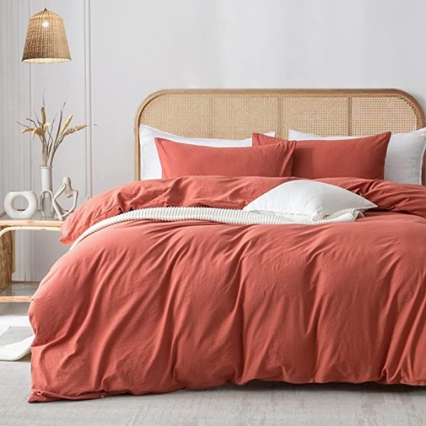 Full Duvet Cover Set - 100% Washed Cotton Super Soft Shabby Chic Durable 3 Pieces Home Bedding Set with Zipper Closure, Crimson Red
