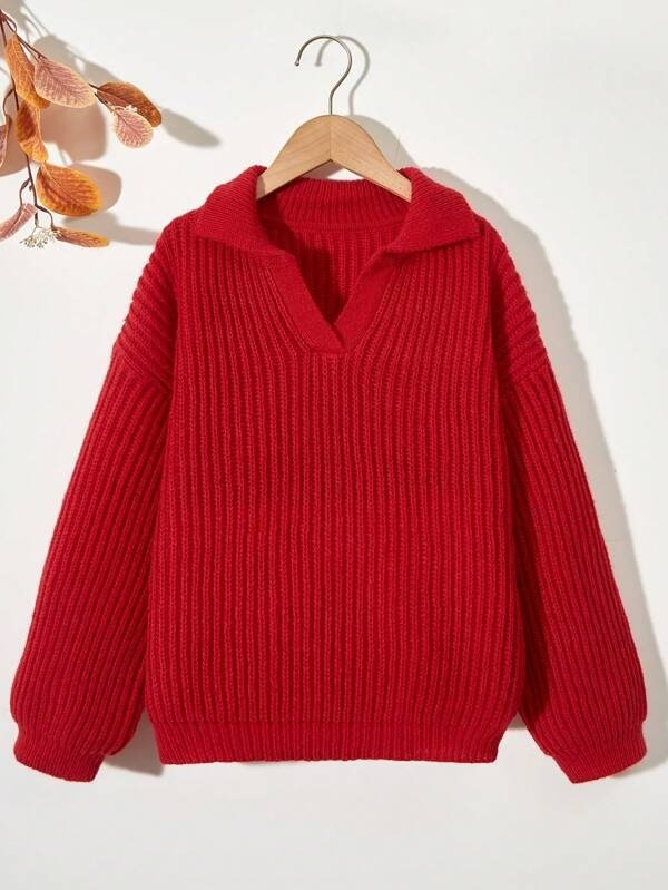 Girls' Solid Color Drop Shoulder Sweater