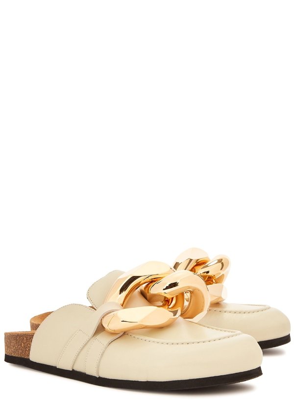 Cream chain-embellished leather mules