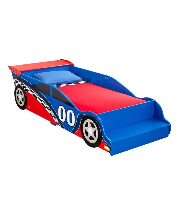 Red & Blue '00' Racecar Toddler Bed with Built-In Bench & Rails