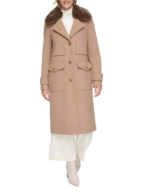 Olpae Faux Fur Collar Wool Blend Trench Coat