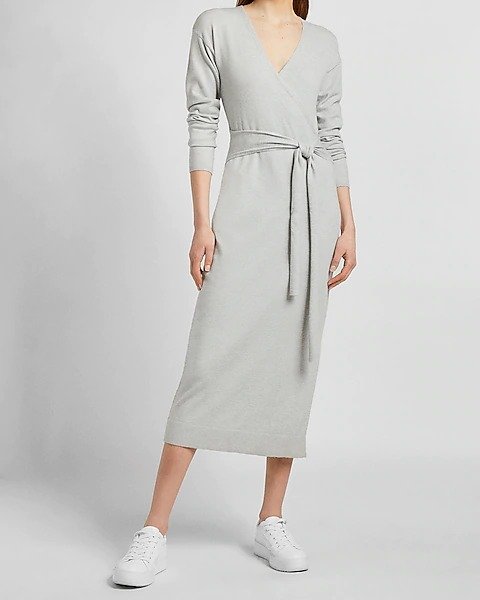 Belted Wrap Front Midi Sweater Dress