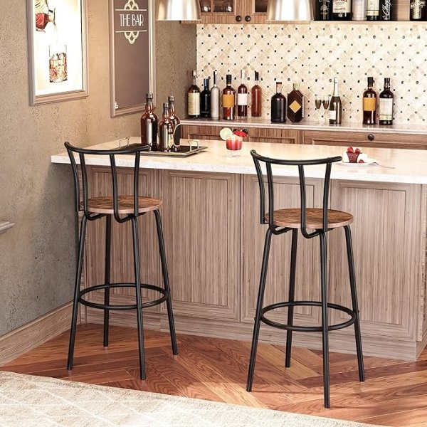 Bar Stools with Back, Set of 2 Bar Chairs, 27.8 Inch Counter Height bar stools, Breakfast Bar Chairs, Solid and Stable, Easy Assembly, Rustic Brown and Black BF04BY01G1