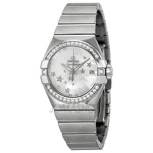 欧米茄Omega星座系列自动同轴珍珠母贝表盘钻石女款时尚腕表,型号：123.15.27.20.05.001