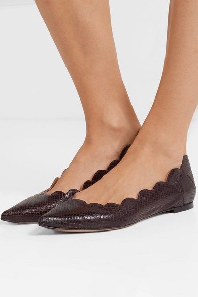 Lauren scalloped snake-effect leather point-toe flats