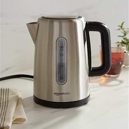 Amazon Basics Stainless Steel Fast, Portable Electric Hot Water Kettle for Tea and Coffee, 1.7-Liter, Black and Silver