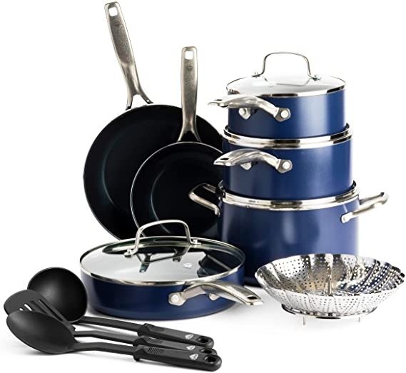Cookware Diamond-Infused Ceramic Nonstick, Cookware Pots and Pans Set, 14 Piece